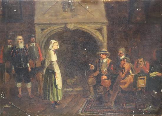 19th century English School, oil on canvas, Cromwell questioning Phoebe Mayflower, monogrammed, 26 x 36cm, unframed